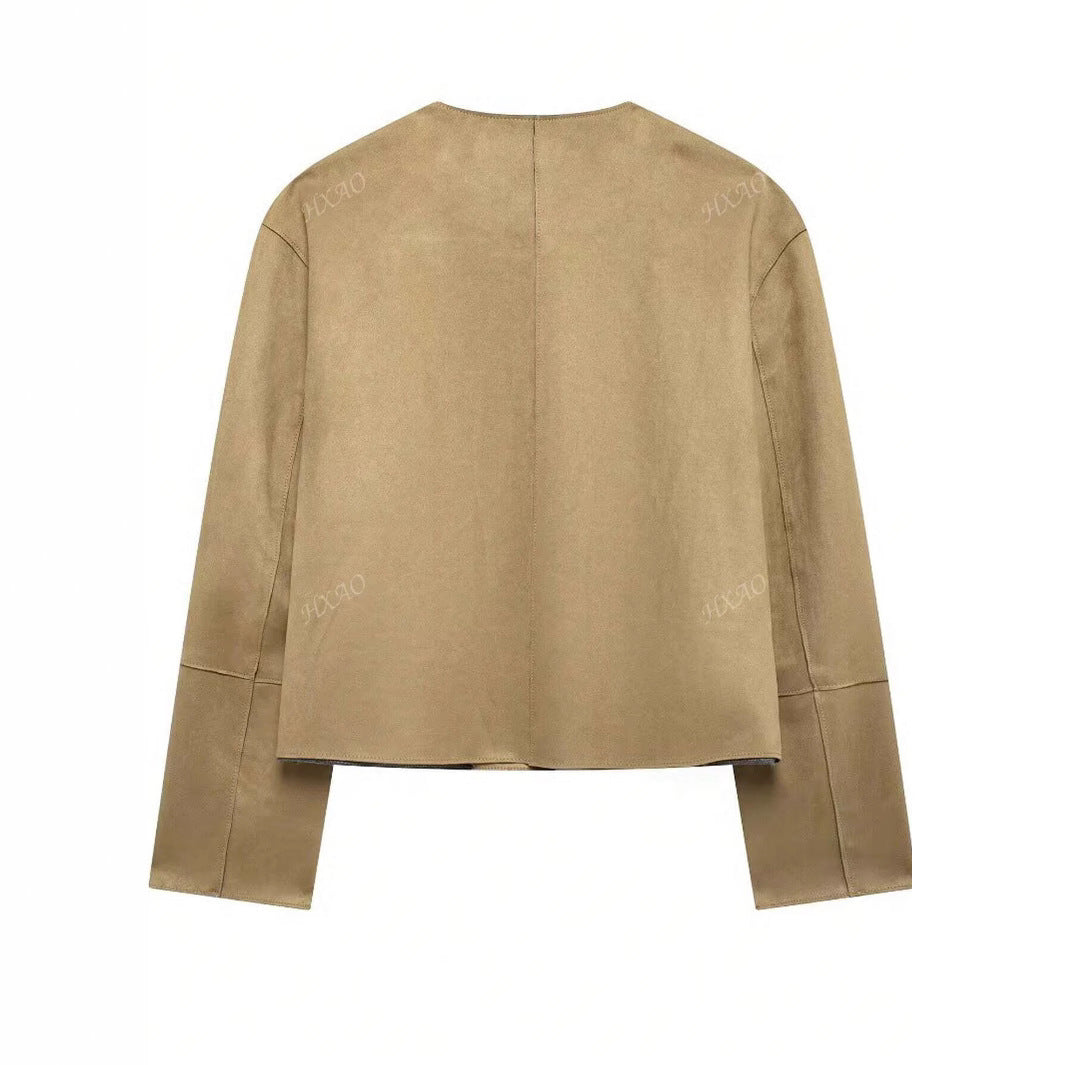 Fashionable women's suede jacket with front pockets and button detail Lune London
