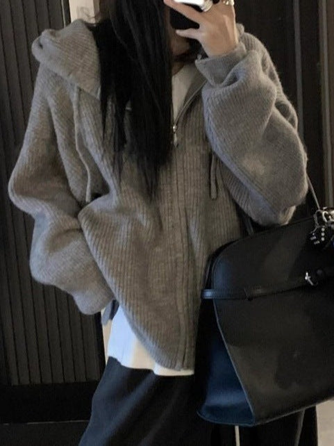 Ladies Comfortable Knit Hoodie with a Large Hood and Zipper Lune London
