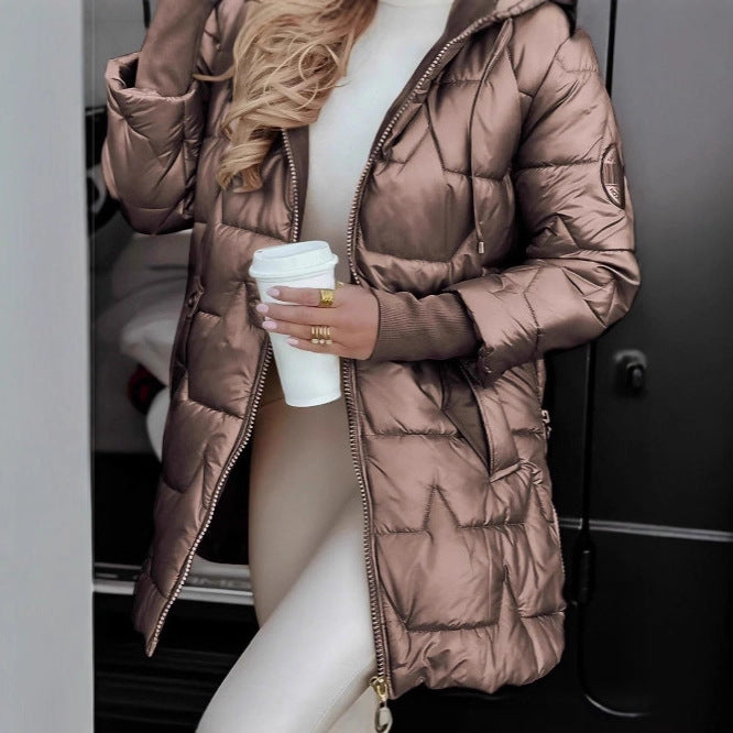 Ladies long down jacket with hood and side pockets Lune London