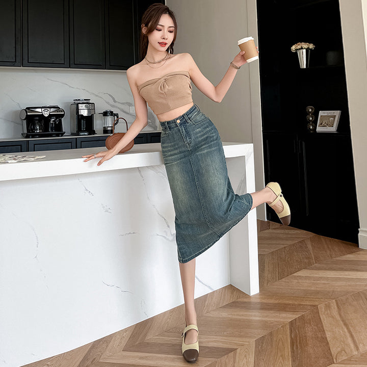 Jupe longue en denim pour femmes avec fente avant Chic & Stil