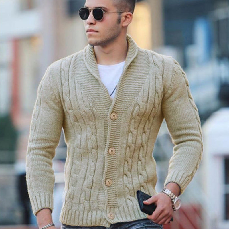 Men's knitted jacket with a unique cable pattern and a trendy shawl collar Lune London