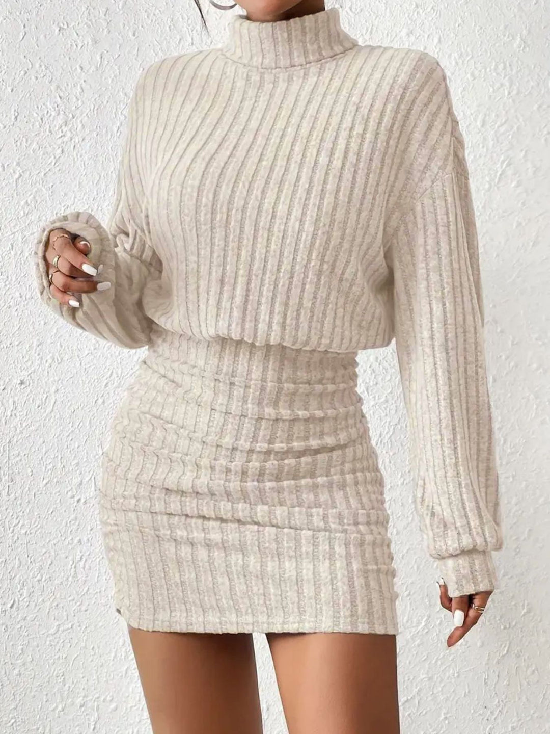 Knit dress for women with high neck and ribbed structure Lune London