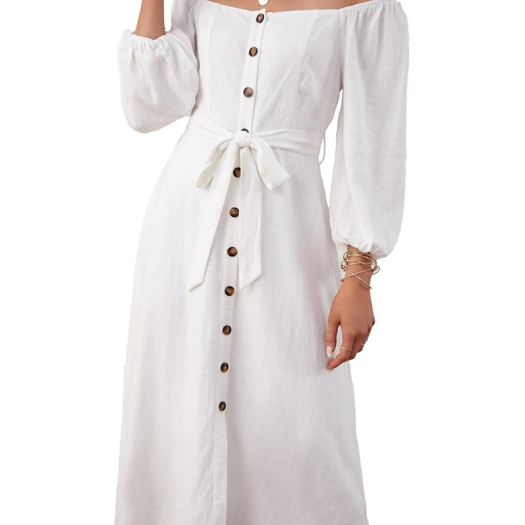 Robe maxi femme à épaules dénudées et boutons décoratifs Chic & Stil