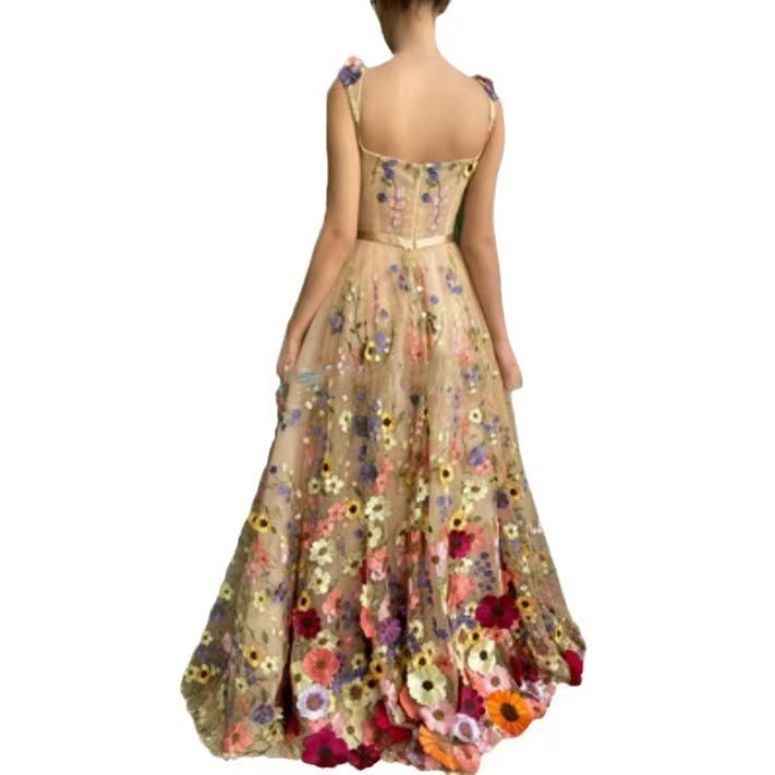 Women's Flower Embroidered Tulle Dress with Waist Belt and A-Line Silhouette Lune London