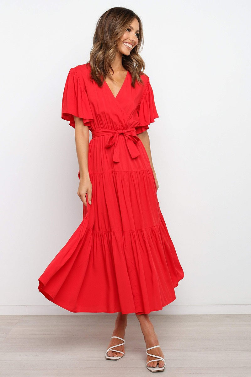 Lune London Fluid maxi dress for women with tie-up belt and butterfly sleeves