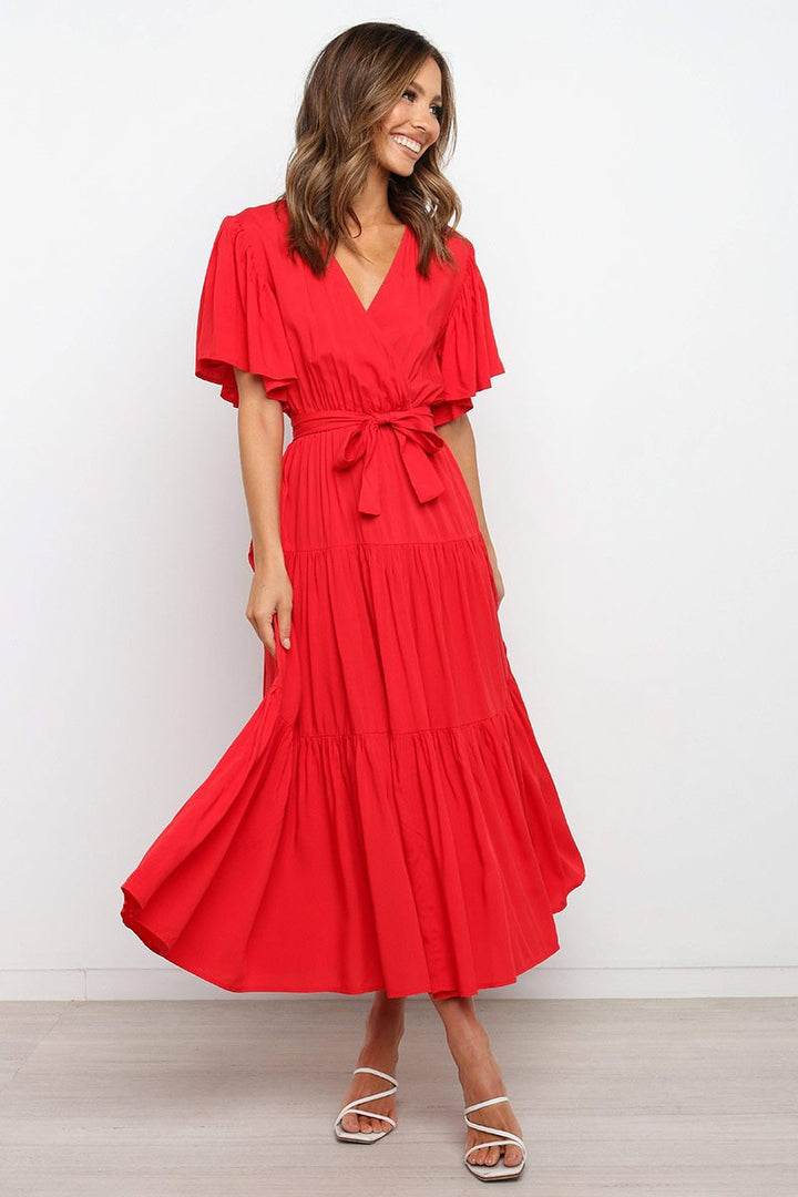 Lune London Fluid maxi dress for women with tie-up belt and butterfly sleeves