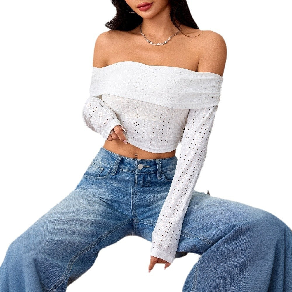 T-shirt court décolleté plongeant pour femmes avec manches bouffantes longues et structure en dentelle élégante Chic & Stil