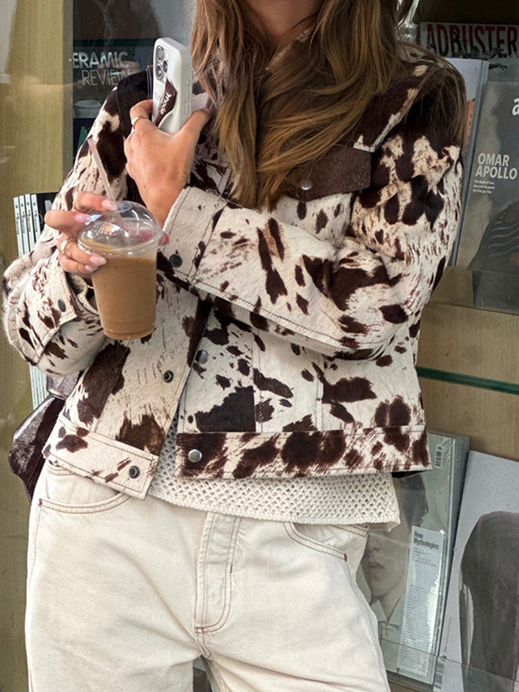Casual women's denim jacket with cow print and structured accents Lune London