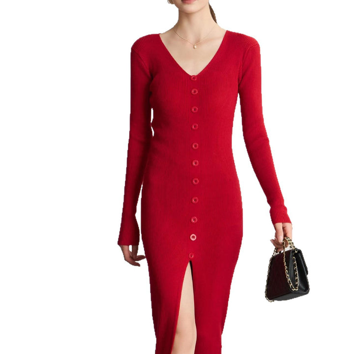 Robe en maille pour femme avec décolleté en V et boutonnage continu Chic & Stil