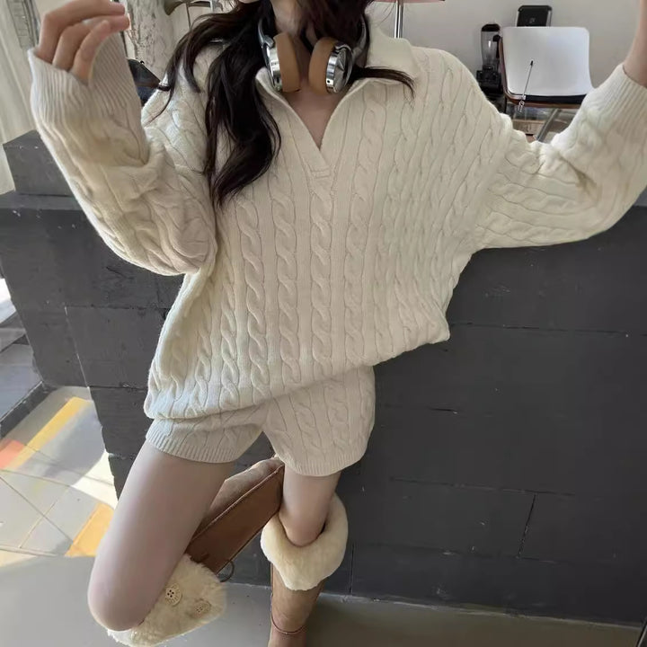 Knit sweater for women with trendy cable pattern and deep V-neck Lune London