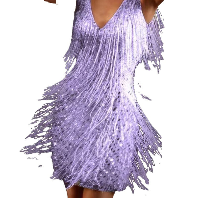 Women's Glittering Mini Dress with Fringe Details and Off-Shoulder Design Lune London