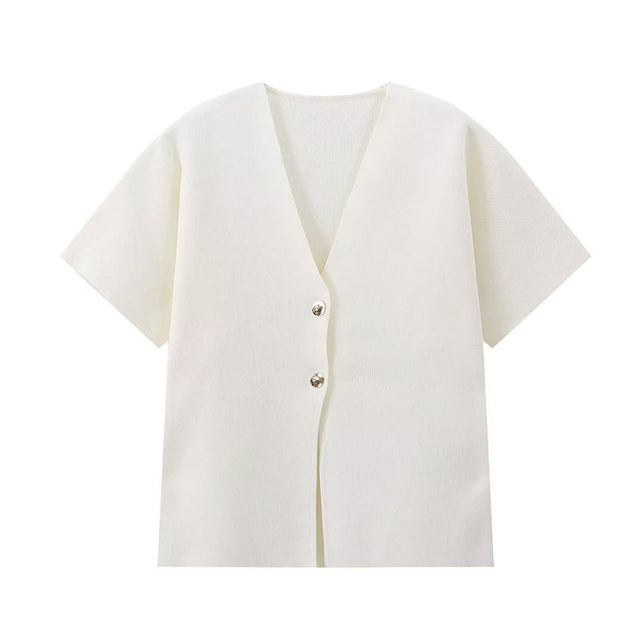 Short sleeved women's jacket with V-neck and decorative buttons Lune London