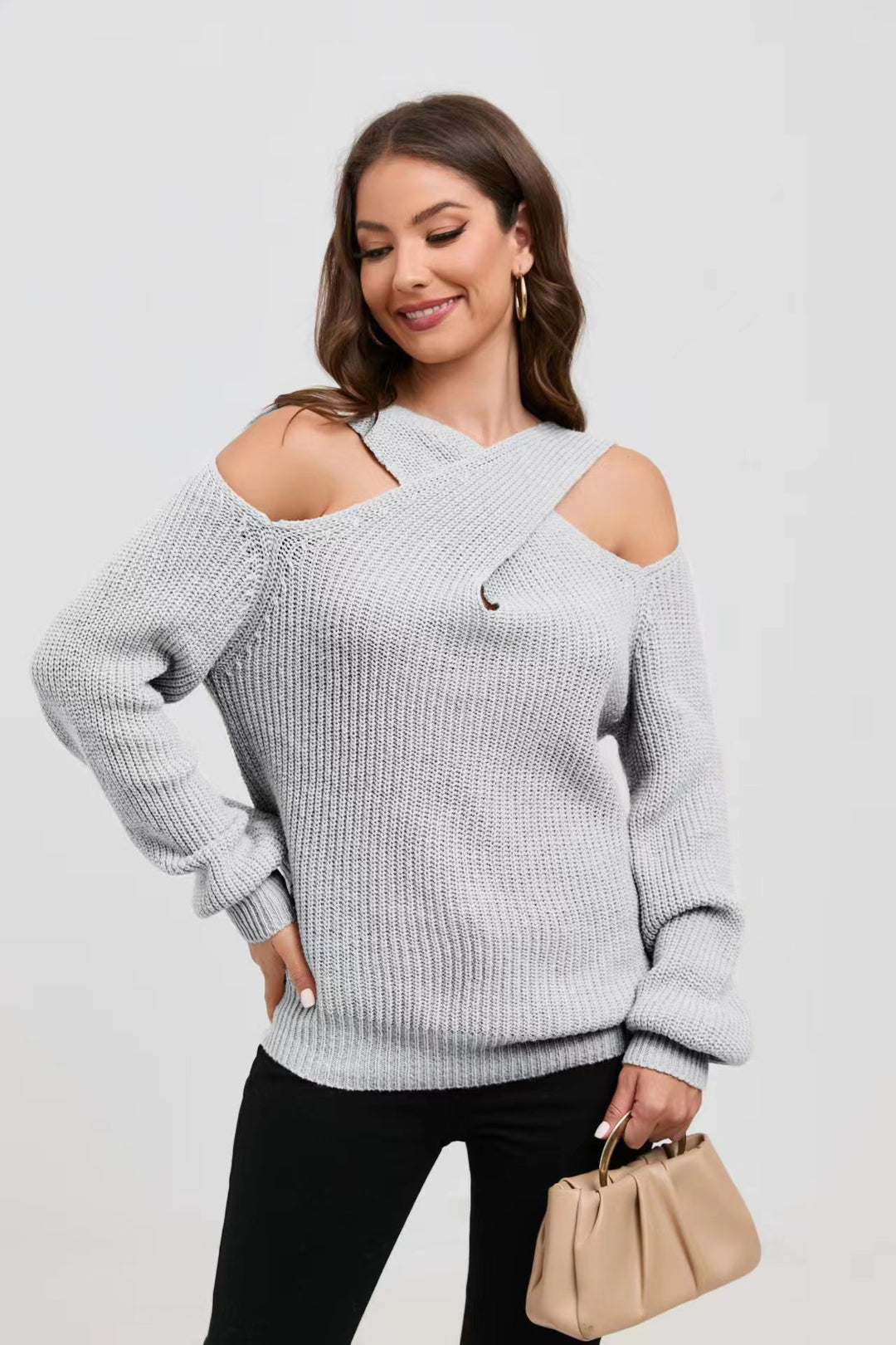 Knit sweater with off-the-shoulder design for women with asymmetrical design Lune London