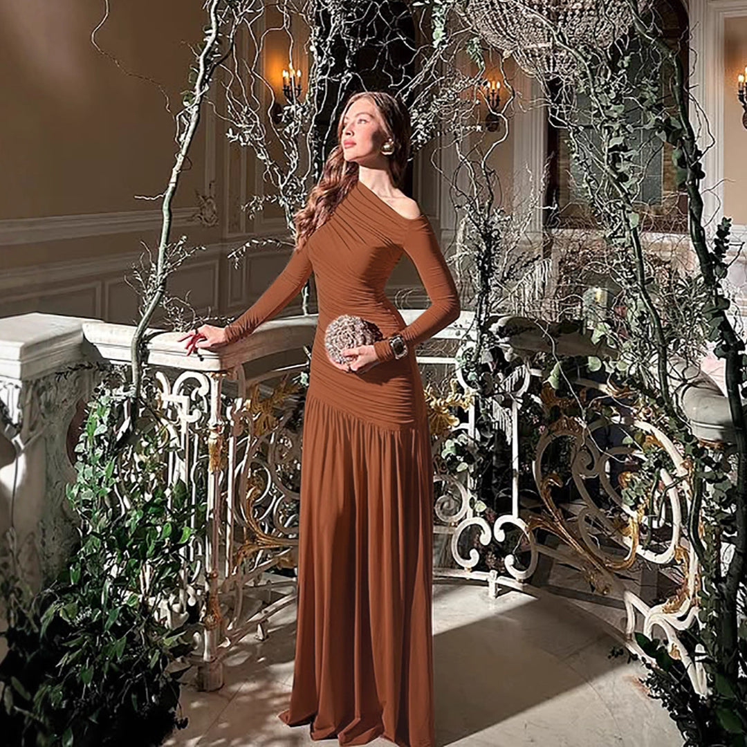 Elegant maxi dresses for women with asymmetric cut and ruching Lune London