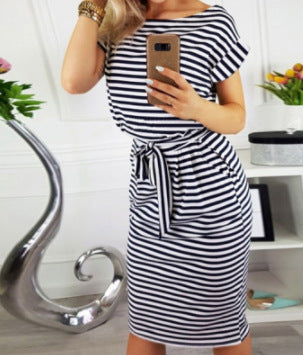 Elegant striped dress for women with tie belt Lune London
