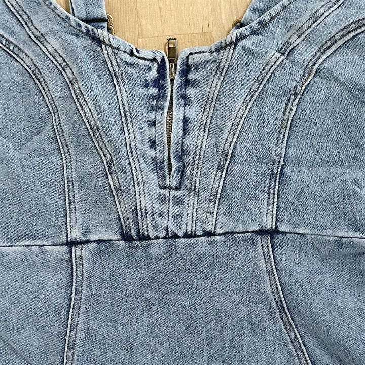 Midi denim dress for women with elegant stitching and high slit Lune London