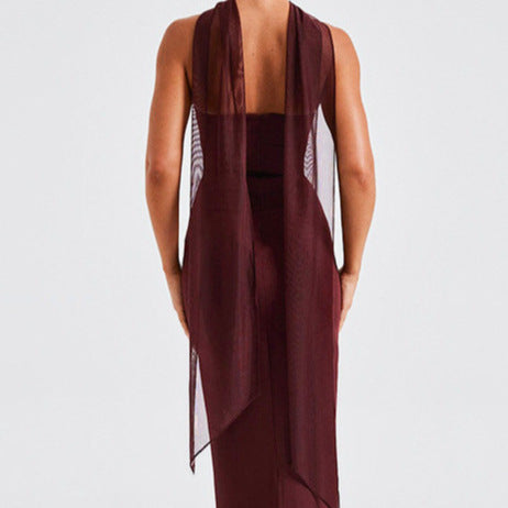 Lune London Women's Strapless Maxi Dress with Sheer Sleeve Accents and Fitted Cut