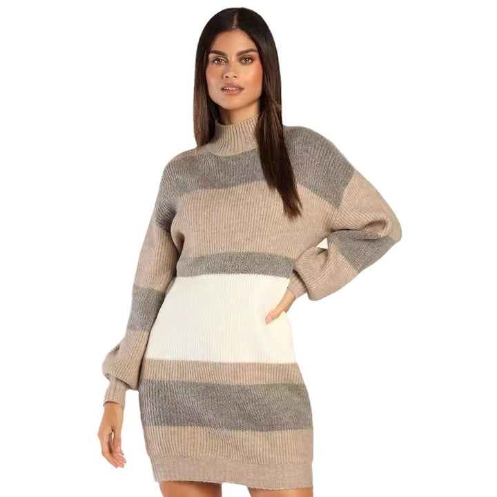 Robe tricot pour femmes avec col roulé à la mode et motif rayé Chic & Stil