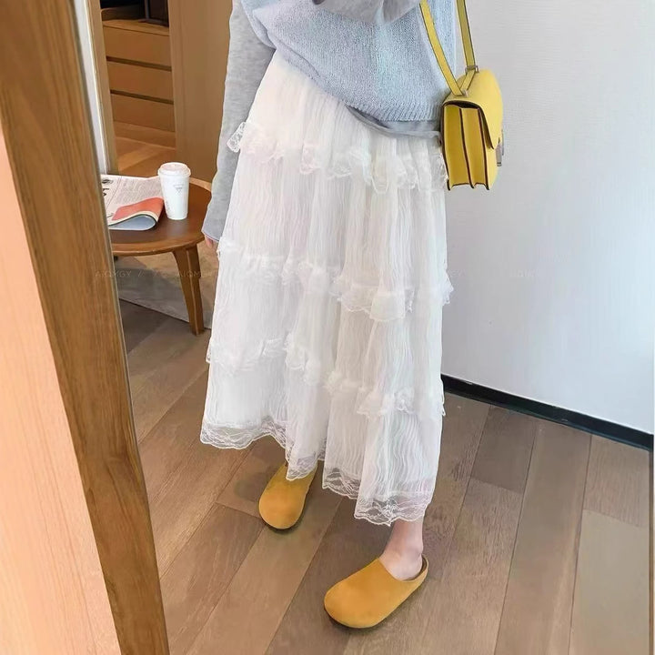 Long tulle skirt for women with a multi-layer lace trim Lune London