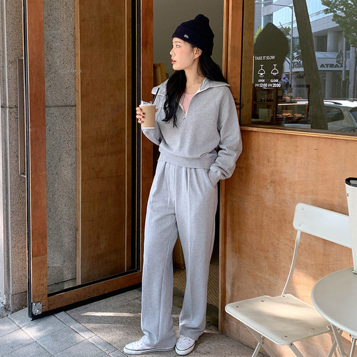 Women's sporty two-piece set with casual collar and wide pants