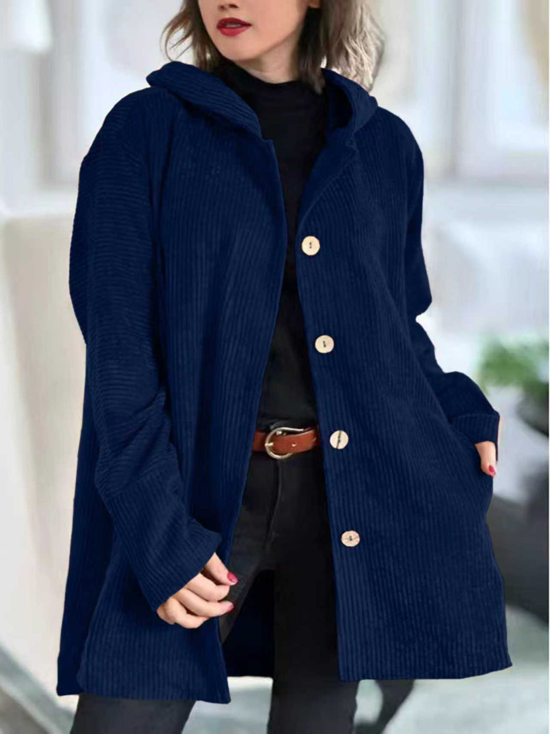 Ladies Fleece-Hoodie-Coat with button placket and ribbed design Lune London