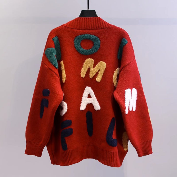 Women’s knit jacket with colorful letter pattern and practical pockets Lune London