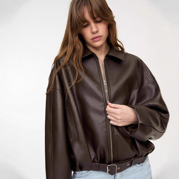 Casual faux leather jacket for women with wide collar and belt Lune London