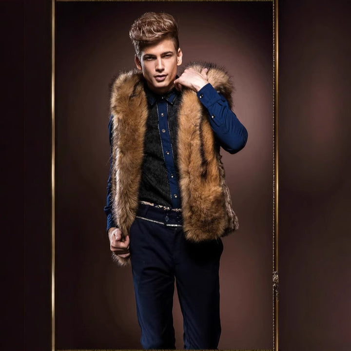 Men's Elegant Faux Fur Coat with Deep Collar and Luxurious Chic Design