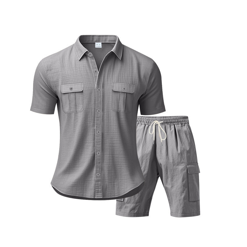 H men's casual short sleeve shirt and chic cargo shorts outfit