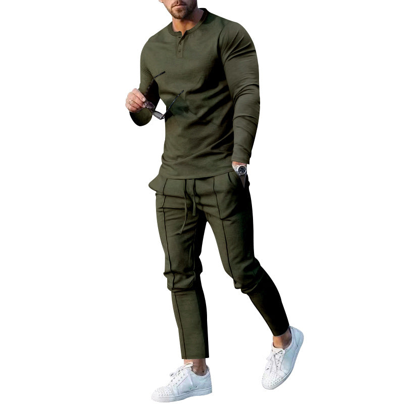 Athletic leisure outfit for men with long sleeve Henley top and comfortable jogging capri pants Lune London