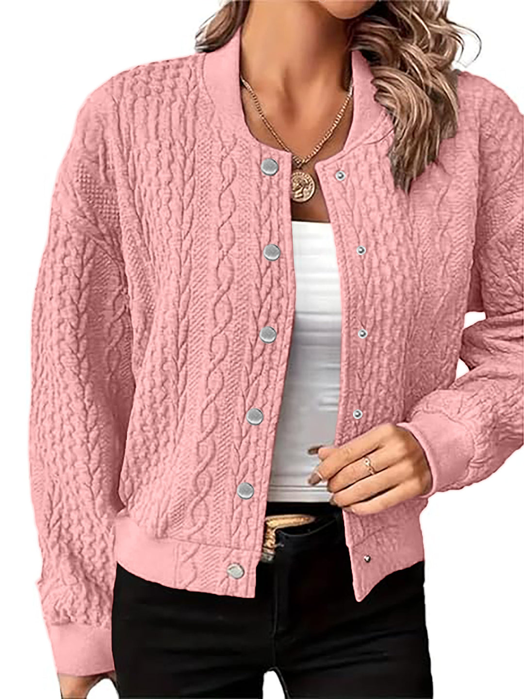 Knitted jacket for women with textured surface and button closure Lune London