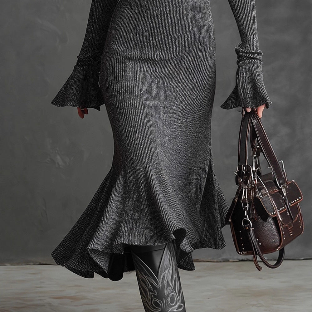 Knitted dress for women with elegant high collar and zipper Lune London
