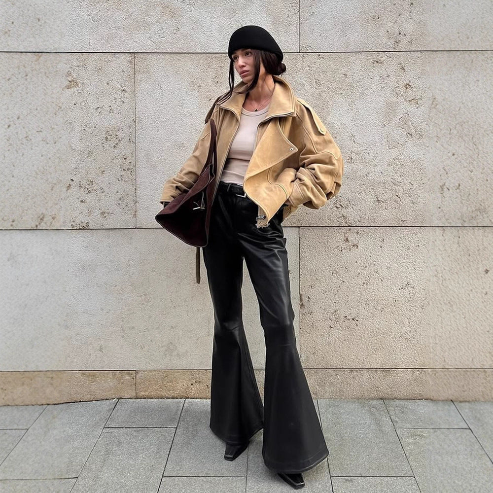 Lady Oversized Suede Jacket with Asymmetrical Cut and Chic Fashion Details