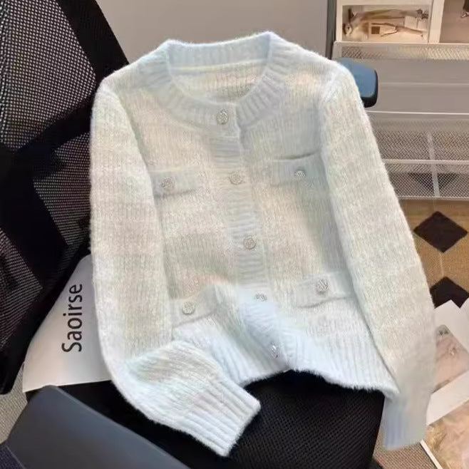 Ladies soft structured knit jacket with button detail and pockets Lune London