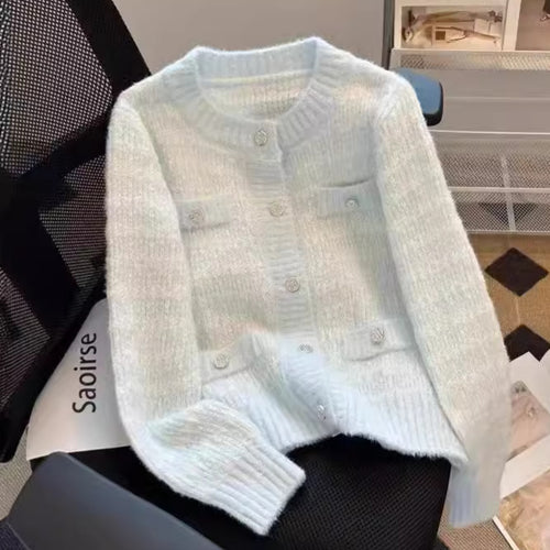 Ladies soft structured knit jacket with button detail and pockets Lune London