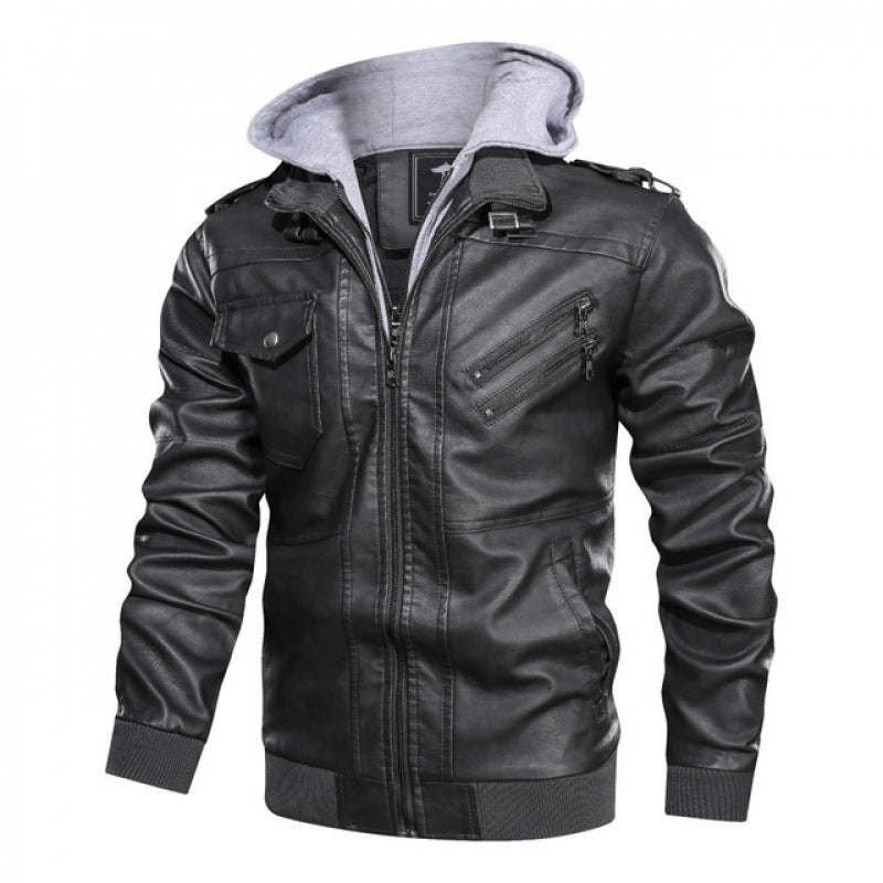Men's leather jacket in modern biker style with removable hood Lune London