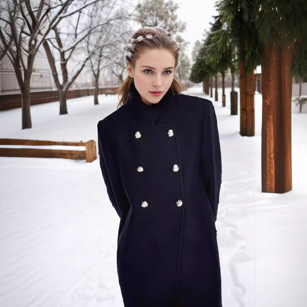 Fashionable short coat for women with double-breasted buttons and elegant high collar Lune London