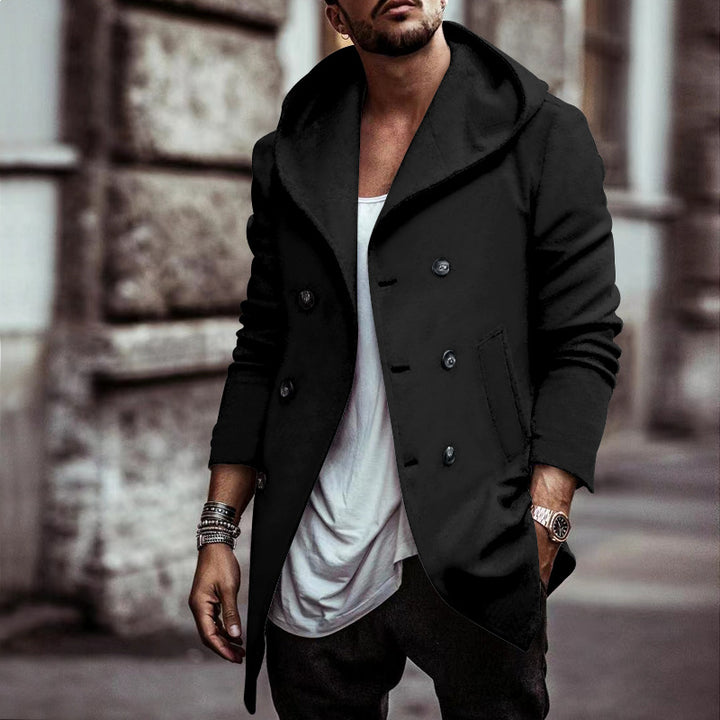 Elegant men's hoodie coat with double row of buttons and wide collar Lune London