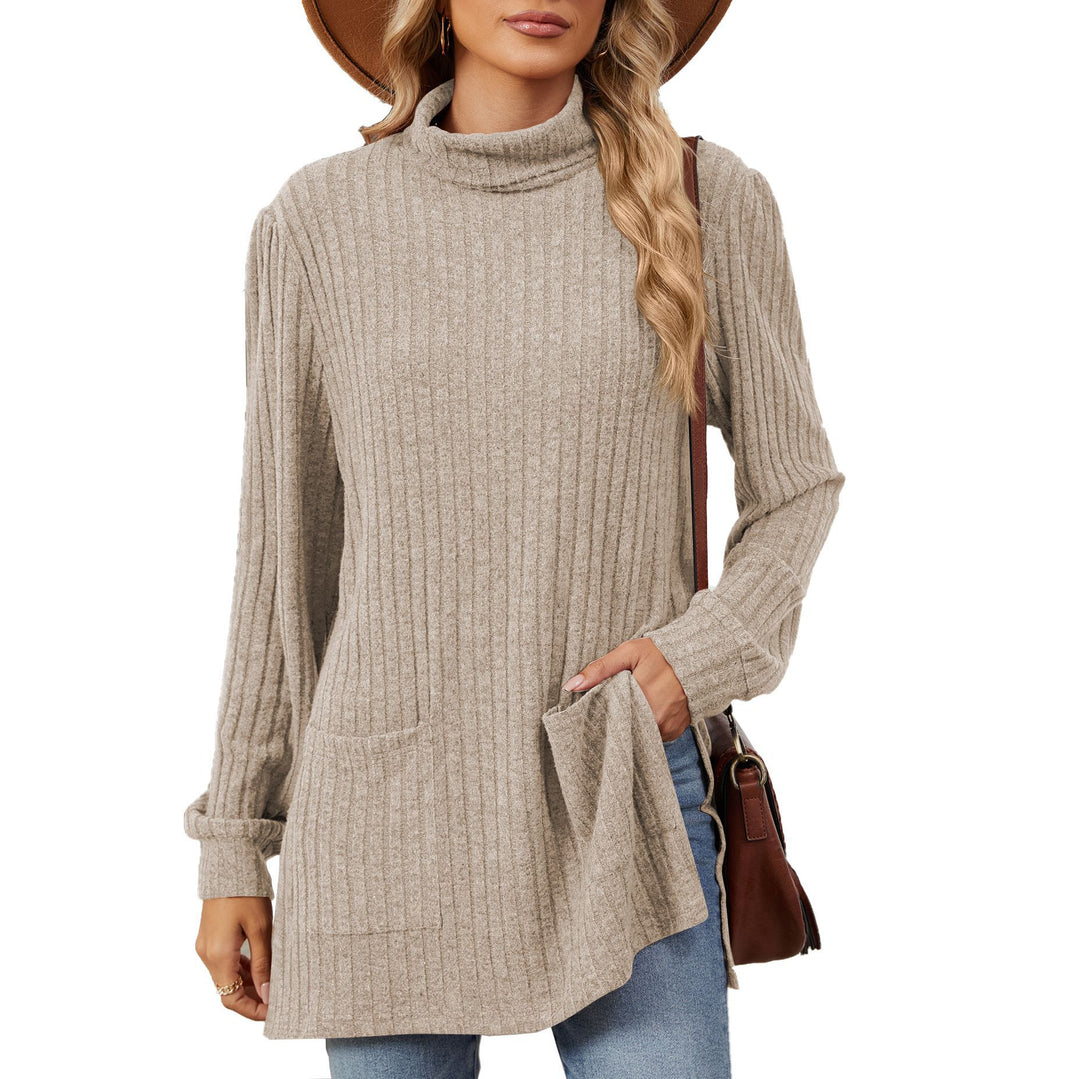 Ladies elegant top in structured knit with high collar and side pockets Lune London