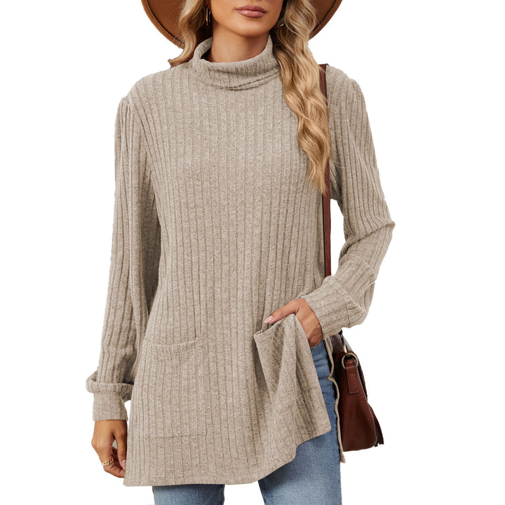 Ladies elegant top in structured knit with high collar and side pockets Lune London