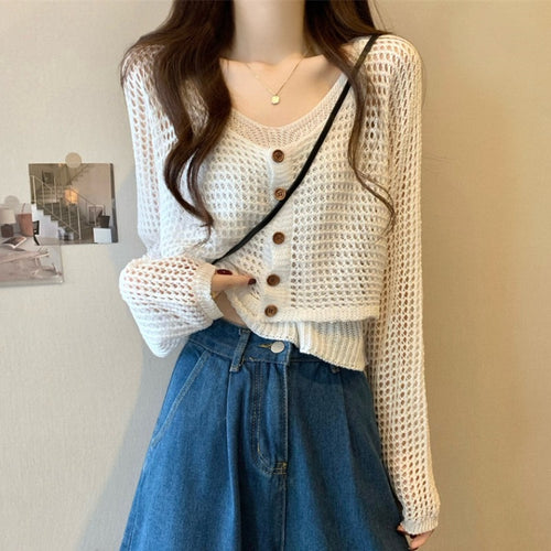Ladies casual knit cardigan with mesh pattern and button closure Lune London