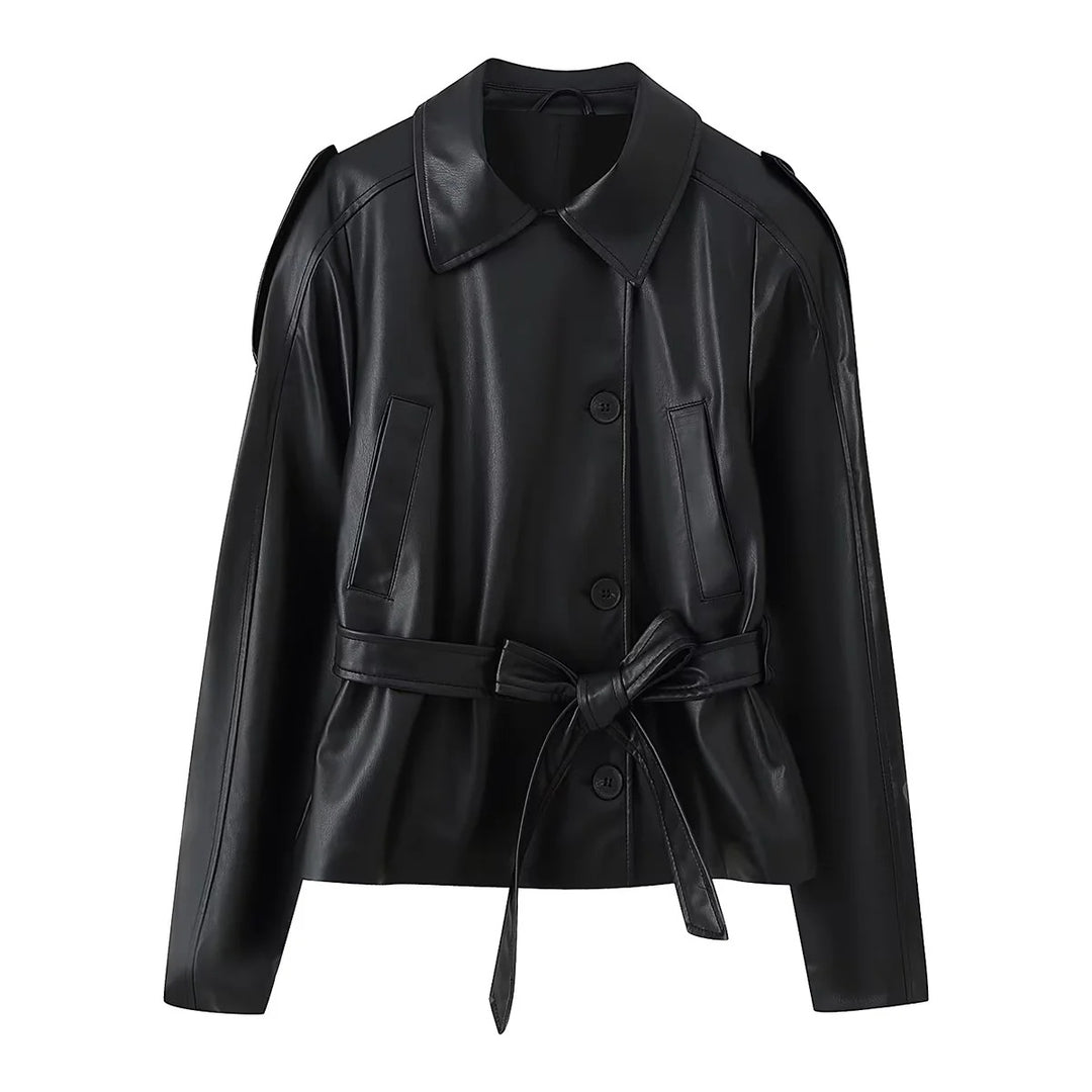 Faux leather jacket for women with elegant button details and a chic belt design