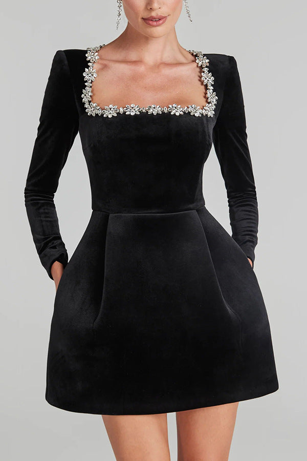 Women Elegant Velvet Dress with Floral Applications and Boat Neck Lune London