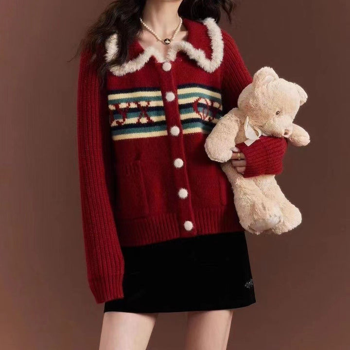 Knit jacket for women with a colorful pattern and a fluffy collar Lune London