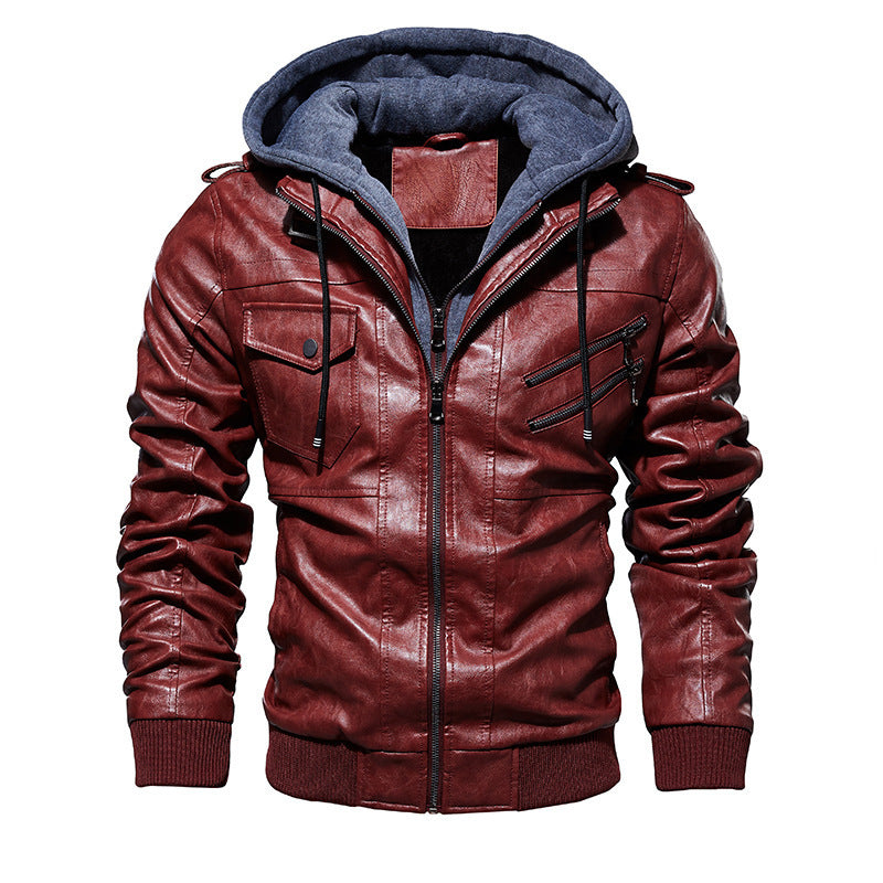 Casual synthetic leather jacket for men with removable hood and multiple pockets Lune London