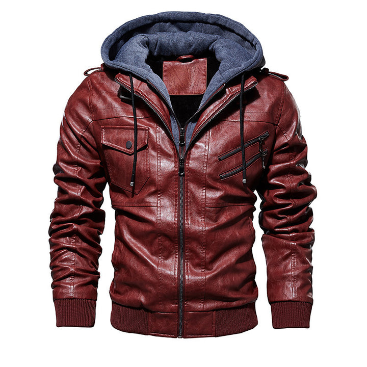 Casual synthetic leather jacket for men with removable hood and multiple pockets Lune London