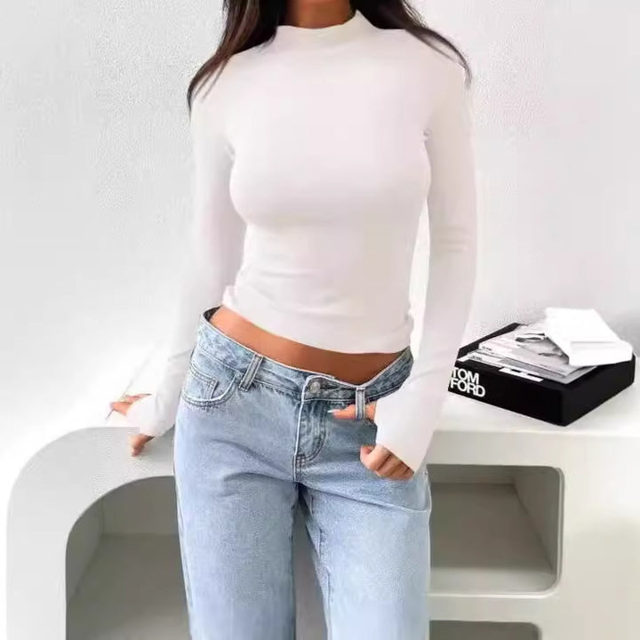 Long sleeve shirt for women with high neck design and fine ribbed texture Lune London