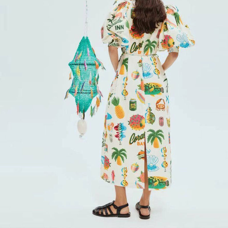 Robe Maxi Femme avec Manches Bouffantes et Imprimé Estival Coloré Chic & Stil