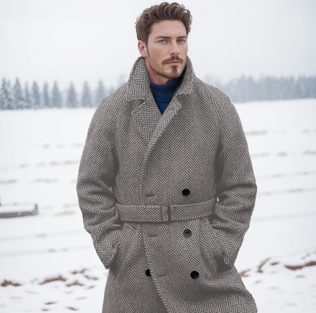 Elegant wool coat for men with belt in a classic houndstooth pattern Lune London