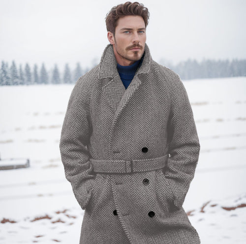 Elegant wool coat for men with belt in a classic houndstooth pattern Lune London